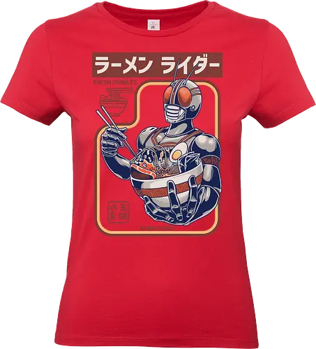 Kamen Rider isst Ramen-Nudeln – lustige Parodie - Kamen Rider-Parodie, Ramen Rider, Tokusatsu-Held, Ramen-Nudeln, japanisches Essen, Masked Rider, Henshin, lustige Ramen, Anime-Essen, Nudel-Liebhaber, Retro-Superheld, Anime-Parodie, Otaku, Ramen-Schüssel, Popkultur-Mashup - Standard T-Shirt (Women)