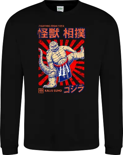 Kaiju als Kaiju-Sumo-Ringer – Parodie auf japanische Monster - Kaiju, Kaiju, Kaiju-Sumo, Sumo-Ringer, lustige Monster-Parodie, japanisches Wrestling, Kaiju-Kampf, Kampf aus dem Jahr 1954, japanisches Retro-Thema, Otaku-Humor, Riesenmonster, radioaktiver Dinosaurier, Sumo-Kampf, Kampfsport-Parodie, Tokio-Monster, Nerd-Humor, Popkultur-Mashup, Schwergewichts-Champion, Yokozuna, Kaiju-Fanart, lustiger Dinosaurier, japanische Streetwear - Sweatshirt