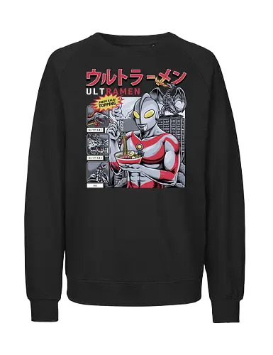 Ultramen Ramen-Nudelsuppe – Lustige Kaiju-Topping-Parodie - Ultraman-Parodie, Ultramen, Ramen-Nudeln, Lustiges Tokusatsu, Parodie auf japanisches Essen, Kaiju-Kampf, Frische Kaiju-Beilage, Alien Baltan, Riesige Monstersuppe, Superhelden beim Essen, Otaku-Humor, Japanische Streetwear, Foodie-Kleidung, Nudel-Liebhaber, Skyline von Tokio, Retro-japanisches Fernsehen, Sci-Fi-Komödie, Monster-Menü, Wortspiel-Grafik, Helden-Appetit, Riesenroboter - Fairtrade Sweatshirt