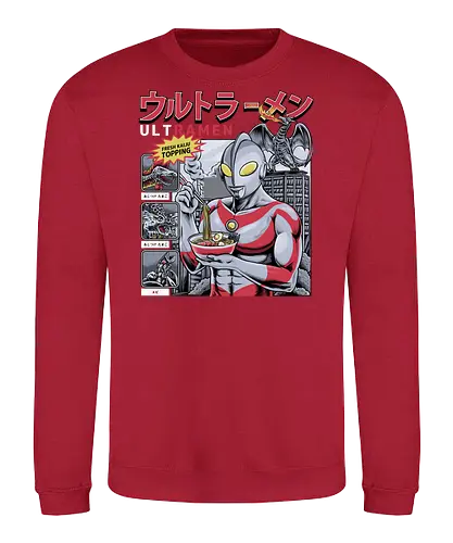 Ultramen Ramen-Nudelsuppe – Lustige Kaiju-Topping-Parodie - Ultraman-Parodie, Ultramen, Ramen-Nudeln, Lustiges Tokusatsu, Parodie auf japanisches Essen, Kaiju-Kampf, Frische Kaiju-Beilage, Alien Baltan, Riesige Monstersuppe, Superhelden beim Essen, Otaku-Humor, Japanische Streetwear, Foodie-Kleidung, Nudel-Liebhaber, Skyline von Tokio, Retro-japanisches Fernsehen, Sci-Fi-Komödie, Monster-Menü, Wortspiel-Grafik, Helden-Appetit, Riesenroboter - Sweatshirt