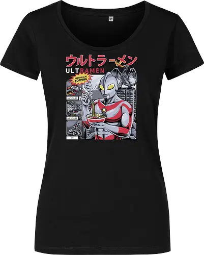 Ultramen Ramen-Nudelsuppe – Lustige Kaiju-Topping-Parodie - Ultraman-Parodie, Ultramen, Ramen-Nudeln, Lustiges Tokusatsu, Parodie auf japanisches Essen, Kaiju-Kampf, Frische Kaiju-Beilage, Alien Baltan, Riesige Monstersuppe, Superhelden beim Essen, Otaku-Humor, Japanische Streetwear, Foodie-Kleidung, Nudel-Liebhaber, Skyline von Tokio, Retro-japanisches Fernsehen, Sci-Fi-Komödie, Monster-Menü, Wortspiel-Grafik, Helden-Appetit, Riesenroboter - Women T-Shirt