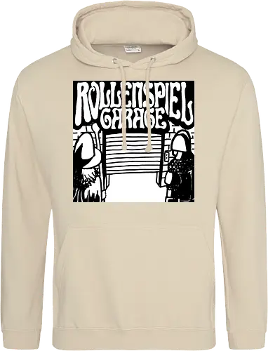Logo des Podcasts RollenspielGarage in Graustufen. Design by CrlBox. Feuerball!