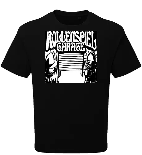 Logo des Podcasts RollenspielGarage in Graustufen. Design by CrlBox. Feuerball!