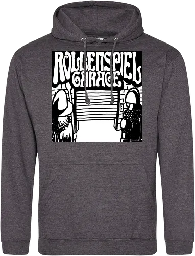 Logo des Podcasts RollenspielGarage in Graustufen. Design by CrlBox. Feuerball!