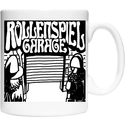 Logo des Podcasts RollenspielGarage in Graustufen. Design by CrlBox. Feuerball!