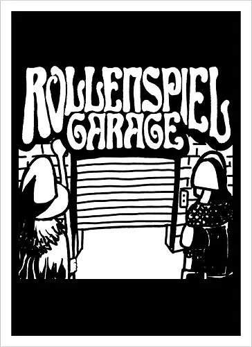 Logo des Podcasts RollenspielGarage in Graustufen. Design by CrlBox. Feuerball!