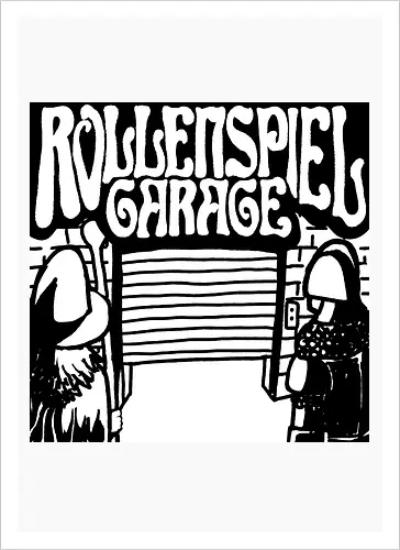 Logo des Podcasts RollenspielGarage in Graustufen. Design by CrlBox. Feuerball!