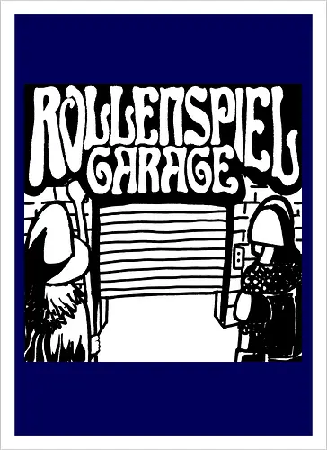 Logo des Podcasts RollenspielGarage in Graustufen. Design by CrlBox. Feuerball!