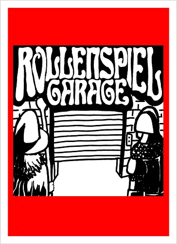 Logo des Podcasts RollenspielGarage in Graustufen. Design by CrlBox. Feuerball!