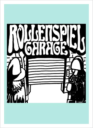 Logo des Podcasts RollenspielGarage in Graustufen. Design by CrlBox. Feuerball!
