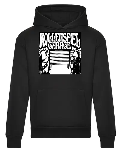 Logo des Podcasts RollenspielGarage in Graustufen. Design by CrlBox. Feuerball!