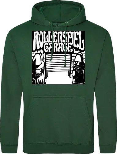Logo des Podcasts RollenspielGarage in Graustufen. Design by CrlBox. Feuerball!