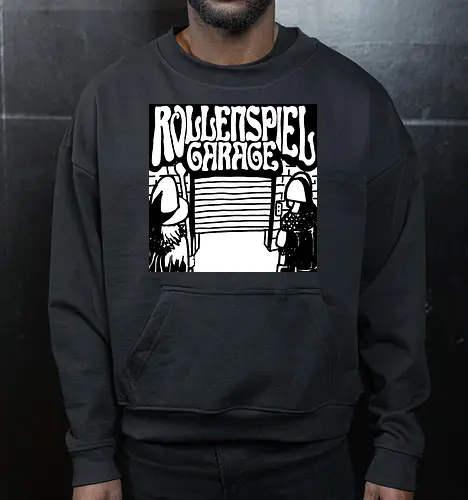Logo des Podcasts RollenspielGarage in Graustufen. Design by CrlBox. Feuerball!