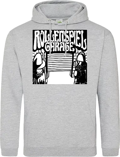Logo des Podcasts RollenspielGarage in Graustufen. Design by CrlBox. Feuerball!