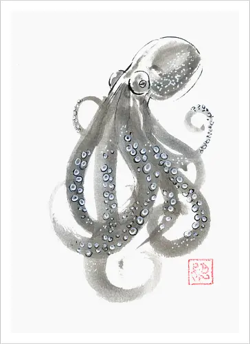 grey octopuss - octopuss, sumie, napan - Artprint