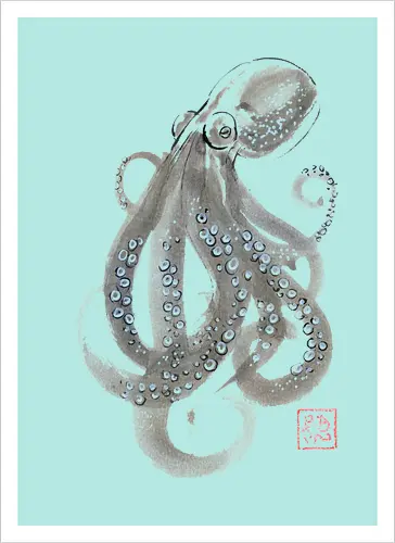 grey octopuss - octopuss, sumie, napan - Artprint