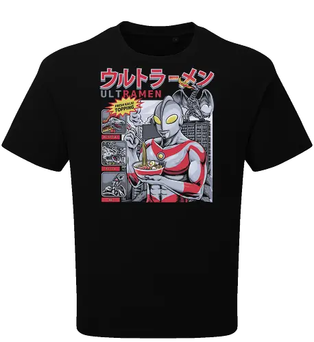Ultraman isst Ramen-Nudeln vor dem Kampf gegen Kaiju (Parodie) - ultraman parody, ramen noodles, kaiju monster, tokusatsu hero, funny ramen, japanese superhero, anime food, noodle lover, giant monster, ultraman, retro japanese, japanese pop culture, superhero mashup, foodie humor, kaiju parody - Oversize T-Shirt