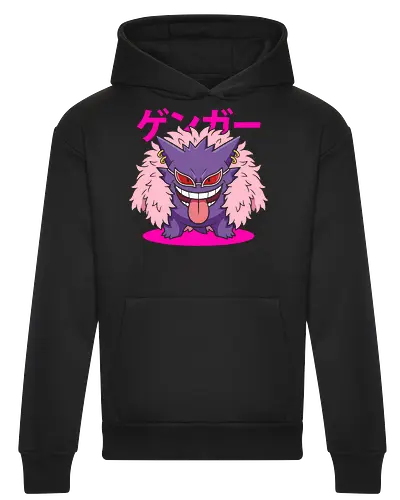 Flamingo Warlord Crossover - Gengar Doflamingo shirt, anime crossover graphic tee, pink feather coat anime design, ghost monster streetwear, Heavenly Demon merch, otaku mashup clothing, funny anime cosplay shirt, pirate anime aesthetic tee, Japanese text gaming apparel - Heavyweight Hoodie