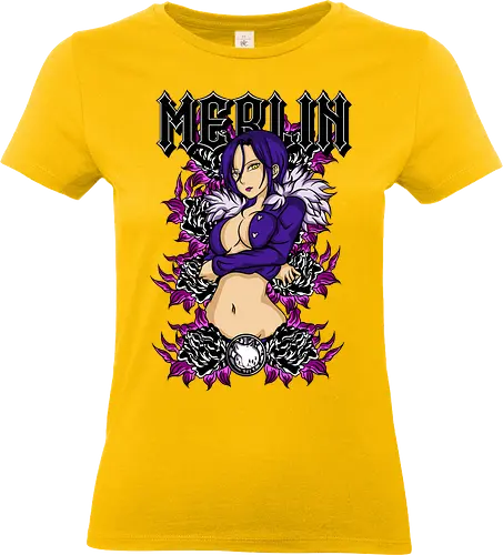 Merlin Dark Magic - merlin, anime sorceress, seven deadly sins, fantasy warrior, manga art, purple aura, anime aesthetic, magic power - Standard T-Shirt (Women)