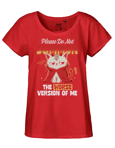 The Worse Version of Me - devil cat, please do not summon, worse version of me, funny cat, grumpy cat, cat humor, cat lover, sarcastic quote, funny quote, introvert humor, dark humor, cute but evil, demon cat, little devil, devil costume, occult humor, pentagram, spooky cute, creepy cute, witchy vibes, goth cute, bad mood, mood shirt, leave me alone, sassy cat, cat attitude, cute cartoon, retro typography, distressed texture, funny gift - Fairtrade Girl Shirt