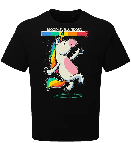 Mood Level Unicorn - unicorn, mood level, mood level unicorn, rainbow unicorn, funny unicorn, unicorn meme, happy vibes, good mood, positive energy, magical, cute unicorn, kawaii, rainbow, sparkle, fantasy humor, mood chart, funny saying, relatable humor, fun design, colorful, party vibes, whimsical, unicorn lover, gift for kids, gift for girls, pride colors, cheerful, mood tracker, rainbow vibes, magical creature - Oversize T-Shirt