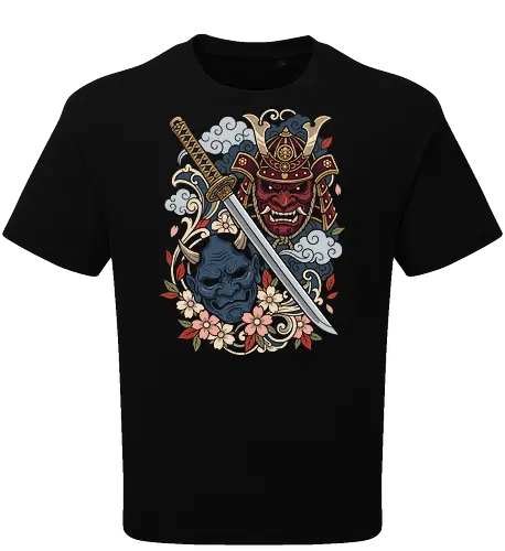 Spirits of the Blade: Samurai & Oni - Japanese samurai shirt, Oni mask graphic tee, Irezumi tattoo apparel, katana sword design, neo traditional tattoo shirt, cherry blossom streetwear, Japanese folklore clothing, Yokai demon tee, aesthetic samurai merch, martial arts graphic shirt - Oversize T-Shirt