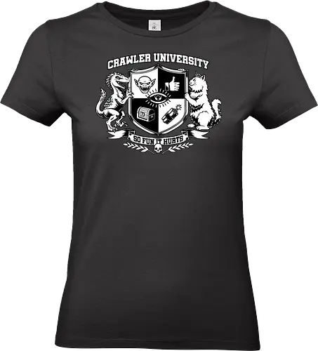 Dungeon Crawler University - nerd, geek, book, books, bookworm, RPG, role-playing game, tabletop, isekai, fantasy, adventure, post-apocalypse, crawler, game, video game, video games, games, fun, funny, college, university, logo, coat of arms, shield, cat, pet, persian cat, dinosaur, velociraptor, raptor, monster, creature, goblin, social media, thumbs up, treasure chest, treasure, prize, bomb, explosion, explosive, fire, quote, Donut, Science Fantasy, Science Fiction, Scifi - Standard T-Shirt (Women)