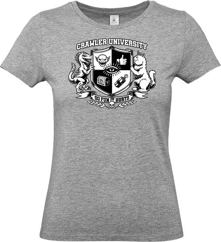 Dungeon Crawler University - nerd, geek, book, books, bookworm, RPG, role-playing game, tabletop, isekai, fantasy, adventure, post-apocalypse, crawler, game, video game, video games, games, fun, funny, college, university, logo, coat of arms, shield, cat, pet, persian cat, dinosaur, velociraptor, raptor, monster, creature, goblin, social media, thumbs up, treasure chest, treasure, prize, bomb, explosion, explosive, fire, quote, Donut, Science Fantasy, Science Fiction, Scifi - Standard T-Shirt (Women)