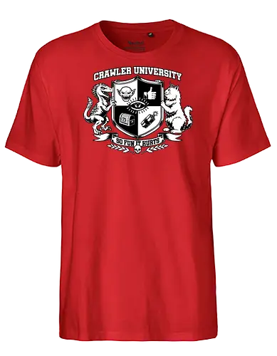 Dungeon Crawler University - nerd, geek, book, books, bookworm, RPG, role-playing game, tabletop, isekai, fantasy, adventure, post-apocalypse, crawler, game, video game, video games, games, fun, funny, college, university, logo, coat of arms, shield, cat, pet, persian cat, dinosaur, velociraptor, raptor, monster, creature, goblin, social media, thumbs up, treasure chest, treasure, prize, bomb, explosion, explosive, fire, quote, Donut, Science Fantasy, Science Fiction, Scifi - Fairtrade T-Shirt