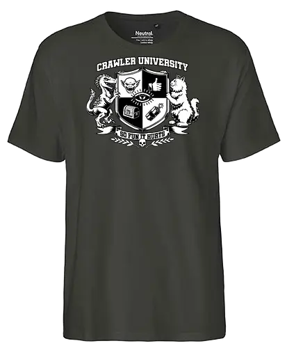 Dungeon Crawler University - nerd, geek, book, books, bookworm, RPG, role-playing game, tabletop, isekai, fantasy, adventure, post-apocalypse, crawler, game, video game, video games, games, fun, funny, college, university, logo, coat of arms, shield, cat, pet, persian cat, dinosaur, velociraptor, raptor, monster, creature, goblin, social media, thumbs up, treasure chest, treasure, prize, bomb, explosion, explosive, fire, quote, Donut, Science Fantasy, Science Fiction, Scifi - Fairtrade T-Shirt