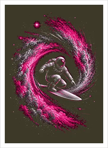 Astronaut Surfing a Cosmic Wave Pink