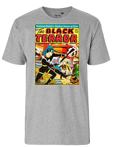 Black Terror #1 – Amerikas kämpfender Erzfeind des Verbrechens ist da - Vintage-Superhelden-T-Shirt aus dem Zweiten Weltkrieg, Golden-Age-Helden-T-Shirt, Superhelden-Kleidung mit Totenkopfkostüm, Kriegszeit-Comic-T-Shirt, Superhelden-T-Shirt im Stil der 1940er Jahre, Vintage-Kleidung mit Kriegsheldenmotiv, Retro-Comic-Cover-T-Shirt, Patriotisches Helden-T-Shirt, Vintage-Kleidung aus der Zeit des Zweiten Weltkriegs, T-Shirt mit Comic-Kunst der Golden Age, Helden-T-Shirt mit Totenkopf-und-Knochen-Motiv, Vintage-Kleidung mit Actionheldenmotiv, Superhelden-T-Shirt aus der Kriegszeit, Retro-Kriegshelden-T-Shirt, Klassische Golden-Age-Kleidung - Fairtrade T-Shirt