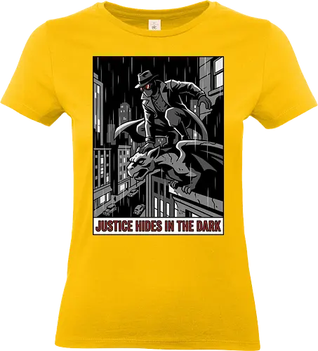 Justice Hides In The Dark - Noir Masked Vigilante - noir, vigilante, gargoyle, detective, justice hides in the dark, comic book art, dark city, masked hero, trench coat, fedora, retro comic, 1930s aesthetic, Retro, rainy city, gothic, antihero, crime fighter, mystery, justice, shadowy figure - Standard T-Shirt (Women)
