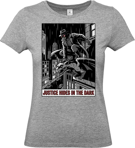 Justice Hides In The Dark - Noir Masked Vigilante - noir, vigilante, gargoyle, detective, justice hides in the dark, comic book art, dark city, masked hero, trench coat, fedora, retro comic, 1930s aesthetic, Retro, rainy city, gothic, antihero, crime fighter, mystery, justice, shadowy figure - Standard T-Shirt (Women)