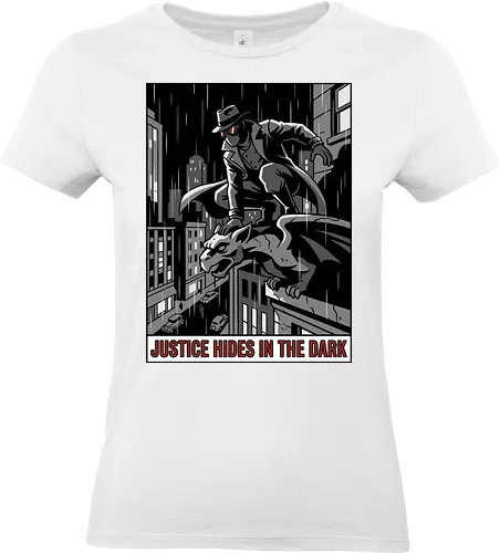 Justice Hides In The Dark - Noir Masked Vigilante - noir, vigilante, gargoyle, detective, justice hides in the dark, comic book art, dark city, masked hero, trench coat, fedora, retro comic, 1930s aesthetic, Retro, rainy city, gothic, antihero, crime fighter, mystery, justice, shadowy figure - Standard T-Shirt (Women)