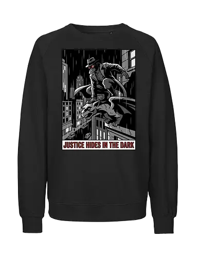 Justice Hides In The Dark - Noir Masked Vigilante - noir, vigilante, gargoyle, detective, justice hides in the dark, comic book art, dark city, masked hero, trench coat, fedora, retro comic, 1930s aesthetic, Retro, rainy city, gothic, antihero, crime fighter, mystery, justice, shadowy figure - Fairtrade Sweatshirt