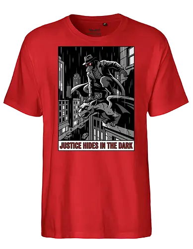 Justice Hides In The Dark - Noir Masked Vigilante - noir, vigilante, gargoyle, detective, justice hides in the dark, comic book art, dark city, masked hero, trench coat, fedora, retro comic, 1930s aesthetic, Retro, rainy city, gothic, antihero, crime fighter, mystery, justice, shadowy figure - Fairtrade T-Shirt
