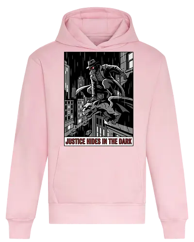 Justice Hides In The Dark - Noir Masked Vigilante - noir, vigilante, gargoyle, detective, justice hides in the dark, comic book art, dark city, masked hero, trench coat, fedora, retro comic, 1930s aesthetic, Retro, rainy city, gothic, antihero, crime fighter, mystery, justice, shadowy figure - Heavyweight Hoodie