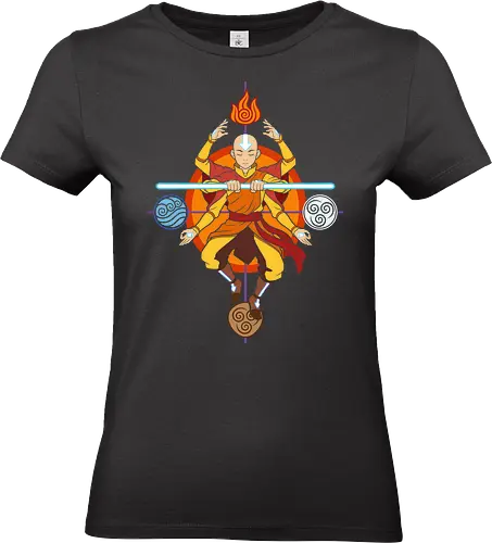 Master of the Four Elements - Spiritual Monk - four elements, elemental magic, meditating monk, spiritual warrior, inner peace, harmony, cosmic balance, martial arts fantasy, blue arrow, elemental symbols, water earth fire air, six arms, eastern philosophy, anime aesthetic, cartoon monk, enlightenment, elemental master, fantasy art, zen, retro cartoon - Standard T-Shirt (Women)