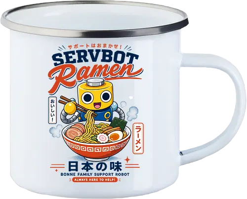 SERVBOT Ramen - ramen, japan, animefood, kawaii, robot, servbot, noodles, manga, japanesefood, otaku, geek, retrodesign, foodie, japanart, nerdshirt - Enamel Mug