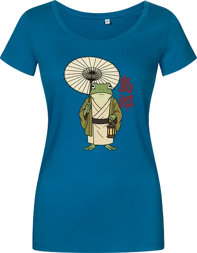 The Wandering Spirit: Zen Kimono Frog - Japanese frog shirt, Ukiyo-e aesthetic apparel, kimono frog graphic tee, Zen animal streetwear, traditional Japanese art shirt, anime style frog clothing, folklore spirit merchandise, vintage Japan aesthetic, goblincore frog tee, wandering ronin graphic - Women T-Shirt