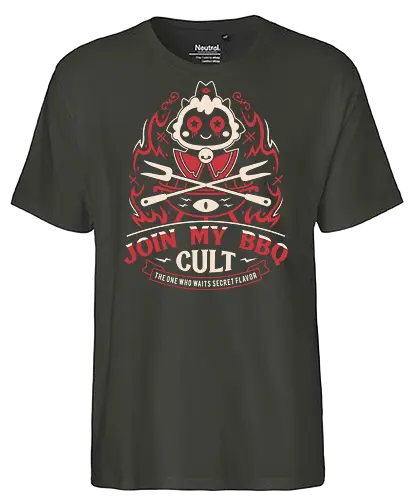 Join My Barbecue Cult - aesthetic, cute, kawaii, cool, funny, chibi, sweet, japan, japanese, game, video game, gaming, geek, nerd, otaku, anime, animal, Lamb, the lamb, lamb - Fairtrade T-Shirt