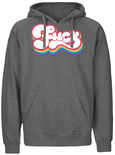 Rainbow Fuck - fuck, rainbow, groovy, retro, vintage, quote, text art, funny, sarcastic, old school, pink, xmorfina - Fairtrade Hoodie