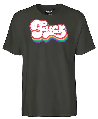 Rainbow Fuck - fuck, rainbow, groovy, retro, vintage, quote, text art, funny, sarcastic, old school, pink, xmorfina - Fairtrade T-Shirt