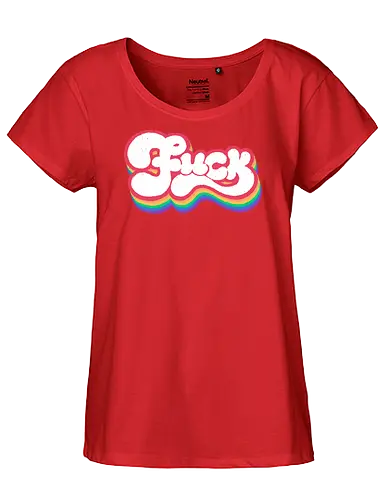 Rainbow Fuck - fuck, rainbow, groovy, retro, vintage, quote, text art, funny, sarcastic, old school, pink, xmorfina - Fairtrade Girl Shirt
