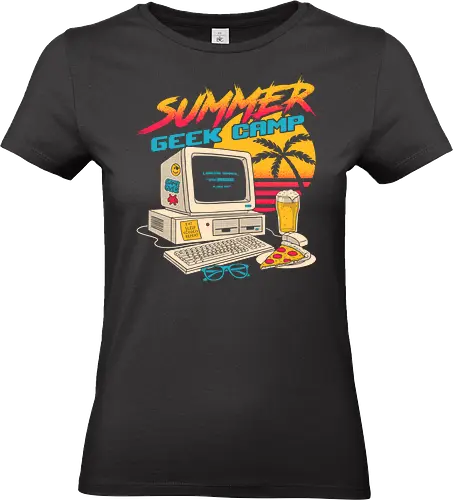 Summer Geek Camp - geek, 90s, beach, beer, funny, geek humor, memes, nerd, nostalgia, pizza, pop culture, retro, summer, sunset, tech - Standard T-Shirt (Women)
