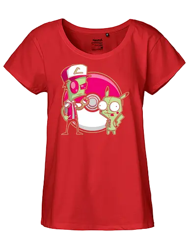 Alien-Trainer & Roboter-Freund - Exklusive Geek - Geek-Kunst, Alien-Maskottchen, süßer Roboter, Kult-Trainer, Animations-Mashup, Popkultur, Nerd-Druck, Cartoon-Crossover, Invasor Zim, Pocket, GIR, Ash Ketchum, Mouse, mashup geek, cultura pop, Nickelodeon, anime crossover, 90er Nostalgie, Geek-Geschenk, Roboter-Kostüm, Alien-Figur, Trainer-Mütze, klassische Kugel, Nerd-Illustration - Fairtrade Girl Shirt