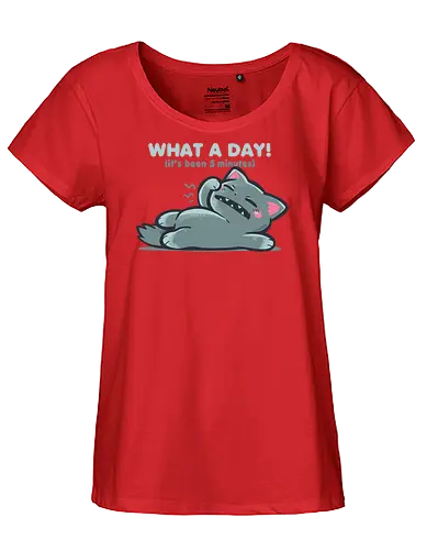What a Day - what a day, tired cat, exhausted meme, monday mood, relatable humor, burnt out, funny cat, sleepy cat meme, work meme, introvert humor, mentally tired, sarcastic humor, Was für ein Tag, ich bin schon müde, Schlaf - Fairtrade Girl Shirt