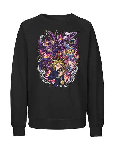 The Pharaoh's Deck - Yami Yugi graphic tee, Dark Magician merch, Dark Magician Girl apparel, King of Games clothing, anime duelist streetwear, trading card game shirt, 90s nostalgic anime tee, Millennium puzzle design, magical anime streetwear - Fairtrade Sweatshirt