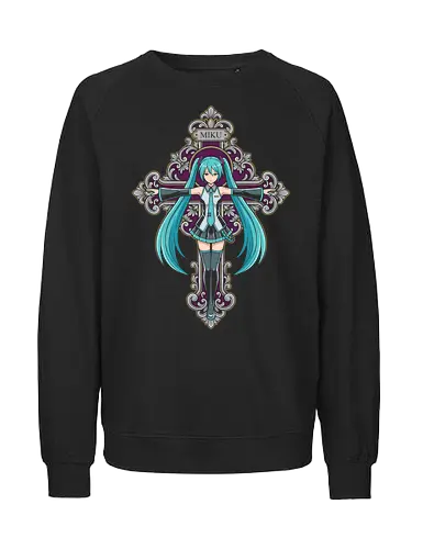 Gothic Cross Miku - Hatsune Miku shirt, Vocaloid graphic tee, gothic anime apparel, pastel goth streetwear, ornate cross design, digital idol merch, dark aesthetic anime, J-pop clothing, ethereal anime tee, anime crucifix graphic - Fairtrade Sweatshirt